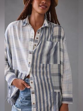 PILCRO Anthropologie Patchwork Flounce Top Oversized Boho Coastal Mixed Media